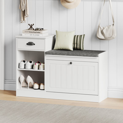  Shoe Storage Bench, Modern Wooden Shoe Cabinet With Flip Drawer And Adjustable Shelf,Off-White