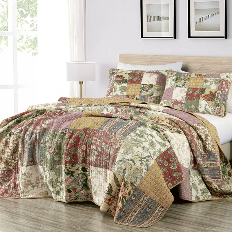 Ensemble de courtepointe réversible en coton beige / rouge , Courtepointe pour lit simple + 1 taie décorative