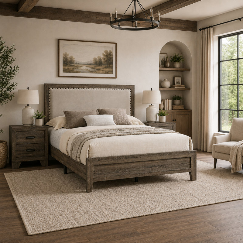 Ensemble de chambre pour grand lit, gris, ivoire, bois brun, ensemble de 3 pièces avec 2 tables de chevet, Queen