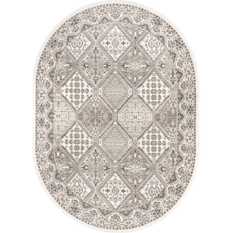 Holden Traditional Tiled Power Loom Performance Beige/Cream Rug, Oval 6'7" x 9'