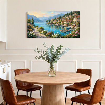 Scénique et paysages urbains, village de lac serein avec fleurs et bateaux