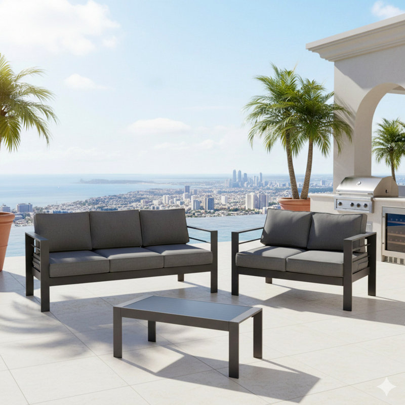 Ensemble de conversation de patio 3 pièces en aluminium 3 pièces, canapé d'extérieur 5 places avec coussins épais gris foncé et structure grise et table basse