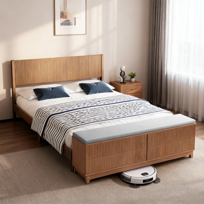 Full Natural Oak Wood Bed Frame With Built-In Footboard Storage Bench,4 Drawers,Headboard,Heavy Duty,No Box Spring Needed,Mid-Century Modern Style