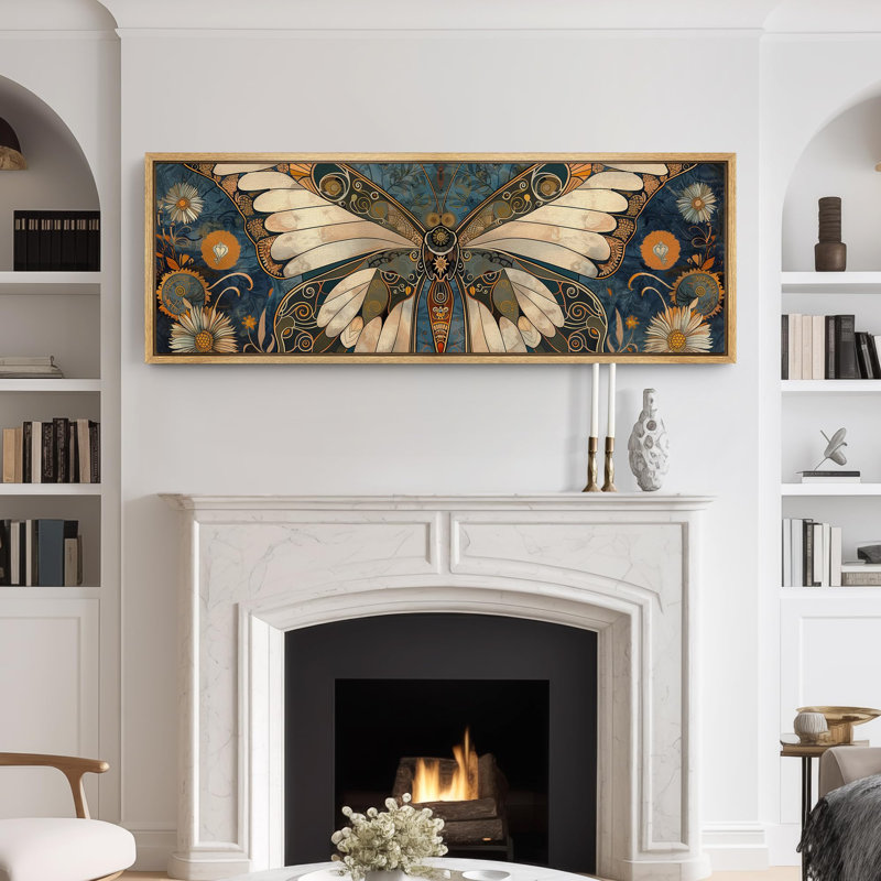 Butterfly Illusion Moody Vintage Modern Rustic Artwork - Extra Large Framed Wall Art Canvas Print, 20" H x 60" W, Natural