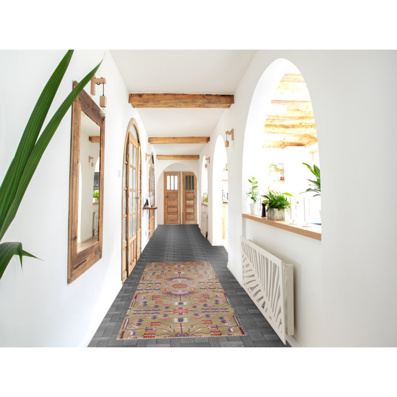 Tapis de couloir oriental all-over vert Kazak 3 x 8