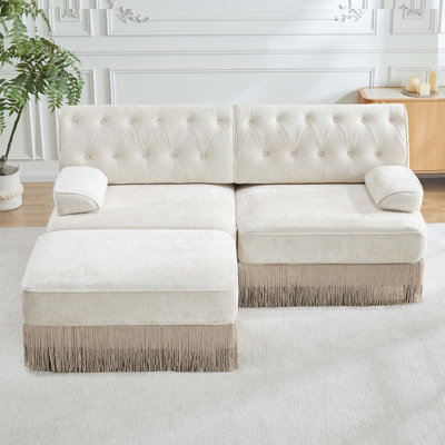 Canapé Chesterfield en velours doux capitonné à boutons avec jupe à franges et 1 repose-pieds, facile à assembler