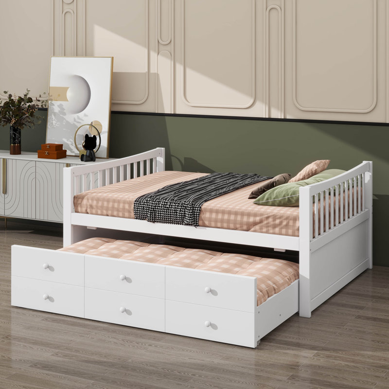 Full-Size Wooden Captain's Daybed With Twin Roll-Out Bed And Three Drawers For Storage, White