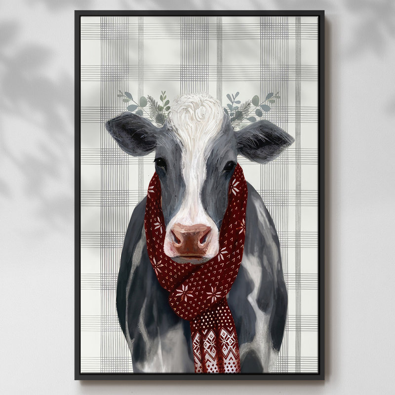 Toile tendue avec châssis Yuletide Cow II, Cadre flottant noir, H 41 po x l 27 po x P 1,5 po