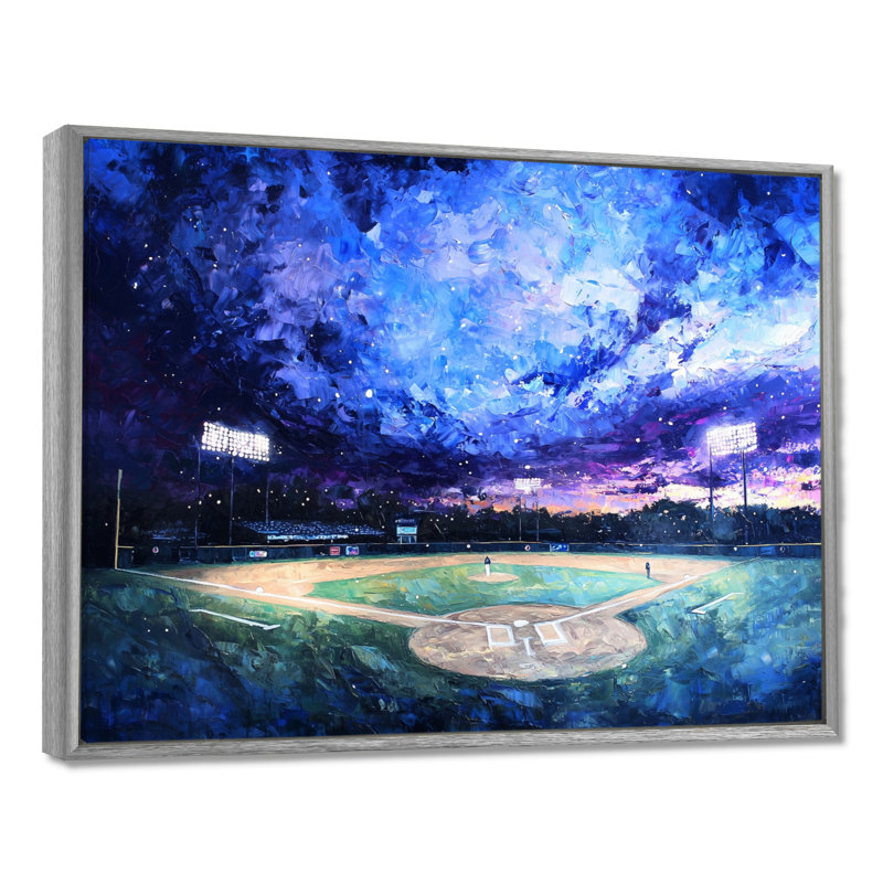 Baseball Field At Night III - Sport Baseball, impression d'art mural, H 30 po x l 40 po, Argent argent