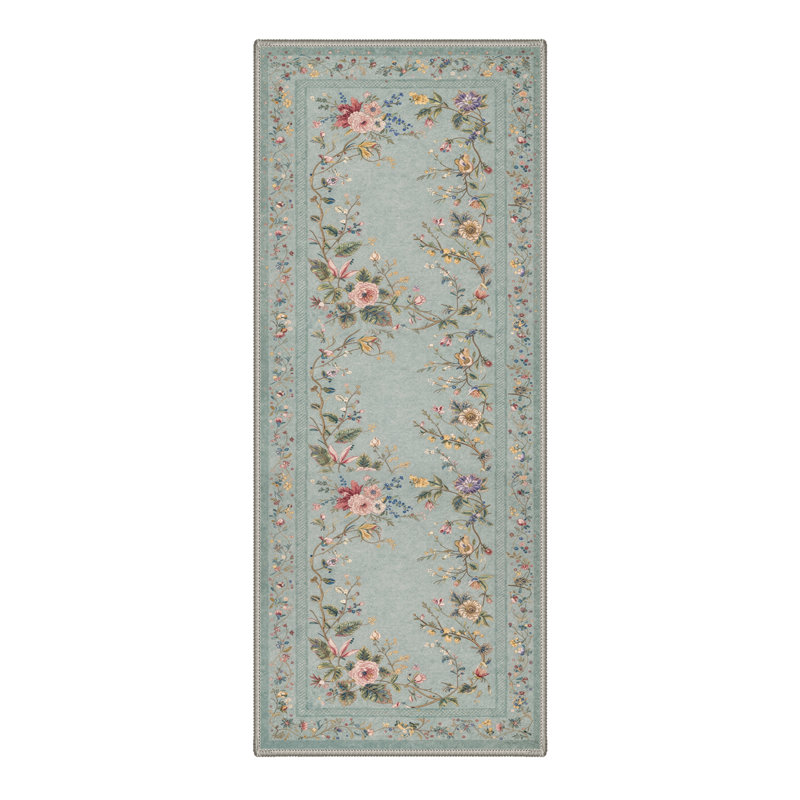 Tapis floral vert lavable à la machine avec envers antidérapant, Tapis de couloir 2 pi 5 po x 8 pi