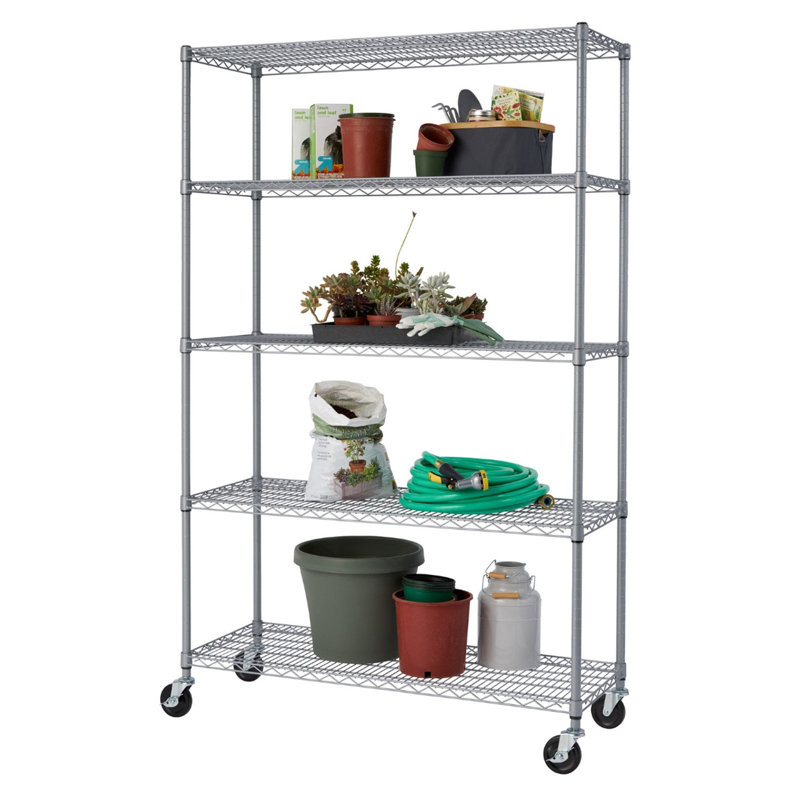 Gray Adjustable 5-Tier Steel Wire Shelving Unit with Wheels