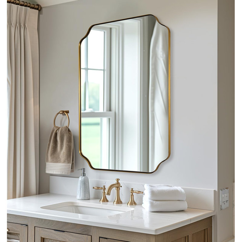 Modern Scalloped Corner Rectangle Bathroom Vanity Mirror | Stainless Steel Frame, Brushed Gold, 38" x 26"