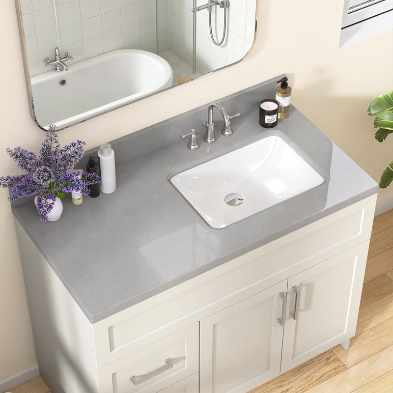 Évier de comptoir rectangulaire encastré en céramique 42 po x l 22 po x 42 po avec lavabo à droite et comptoir rectangulaire en céramique avec trois trous pré-percés et 4 po Dosseret H