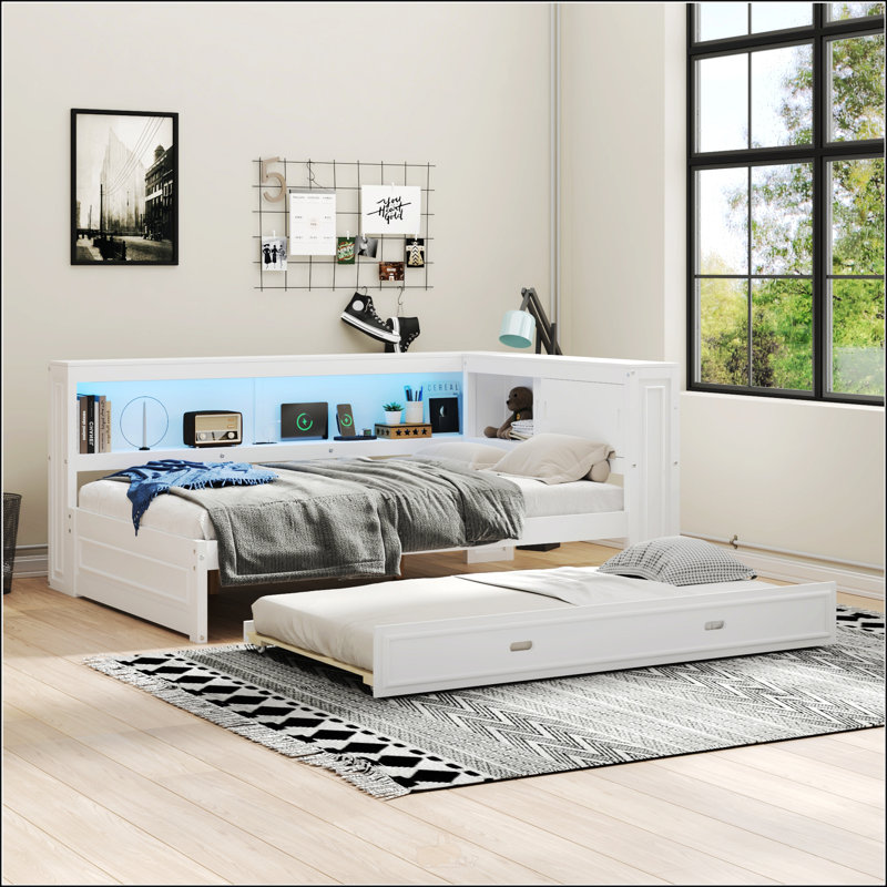 Lit de jour en bois pleine grandeur avec tablettes de rangement, USB, DEL et lit gigogne, blanc