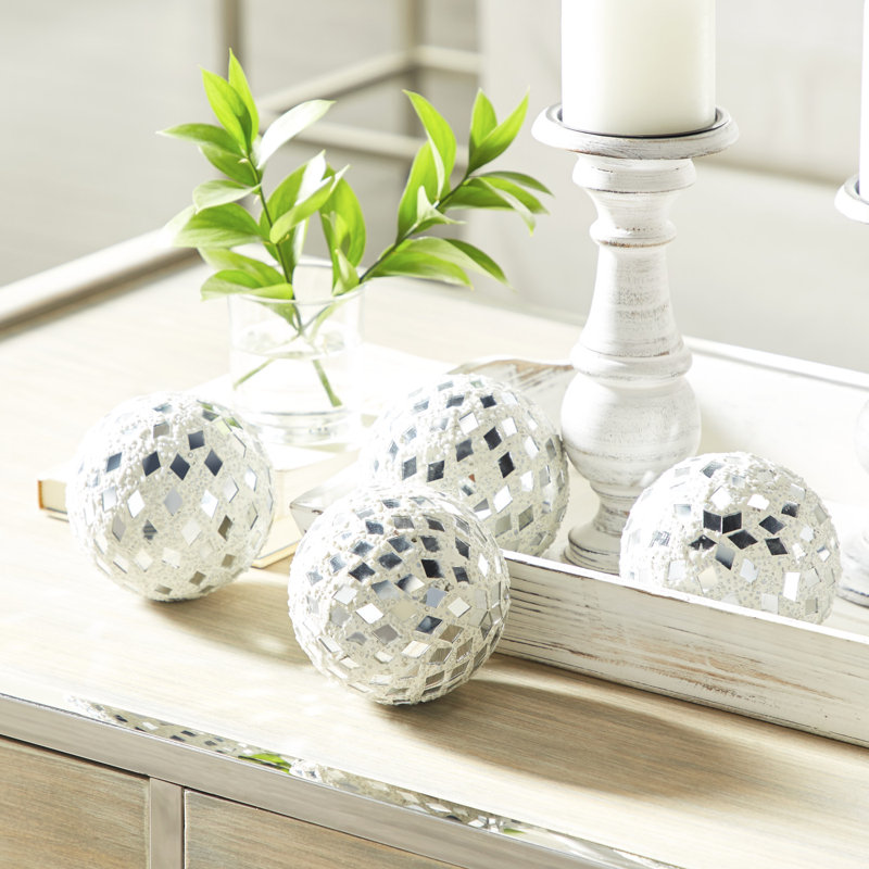 Nelly Glass Handmade Mosaic Decorative White Orbs & Vase Filler Set, Silver
