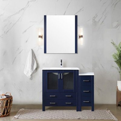 42 po Meuble-lavabo simple bleu marine W avec armoire latérale, comptoir en céramique blanche, robinet inclus, système de fermeture en douceur, 1 armoire et 5 tiroirs pour la largeur de la baignoire de rangement, le comptoir, le robinet, la fermeture, et