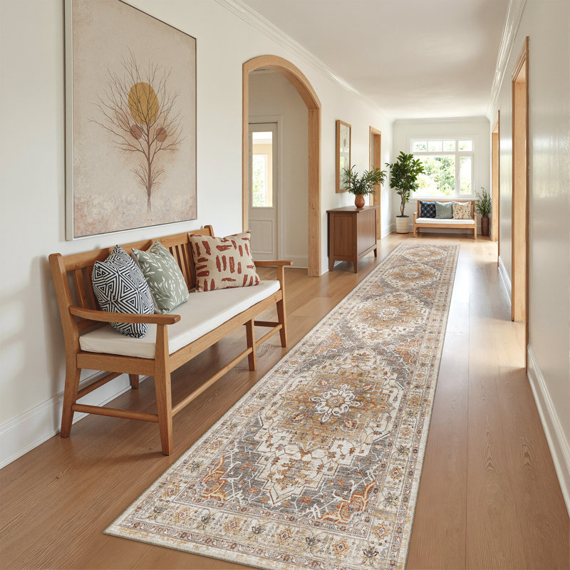 Malila Machine Washable Non-Slip Area Rug, Orange/Gray, Runner 2'6 x 12'