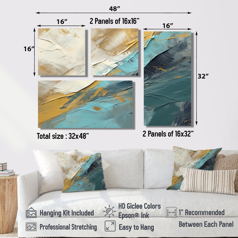 Serenity Sunset In Teal And White - Modern Wall Decor 4 Pieces, Black, Framed Print without Mat