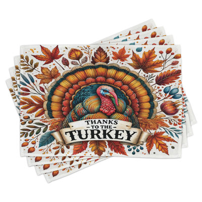 East Urban Home Thanksgiving Place Mats Set of 8 Thanks to Turkey Leafy 8 pcs Burnt Orange and Sea Blue