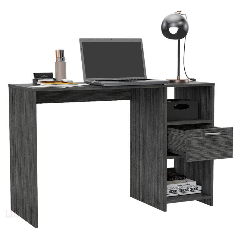 Bureau d'ordinateur compact Omma avec un tiroir et deux tablettes, parfait pour les petits espaces et un rangement efficace