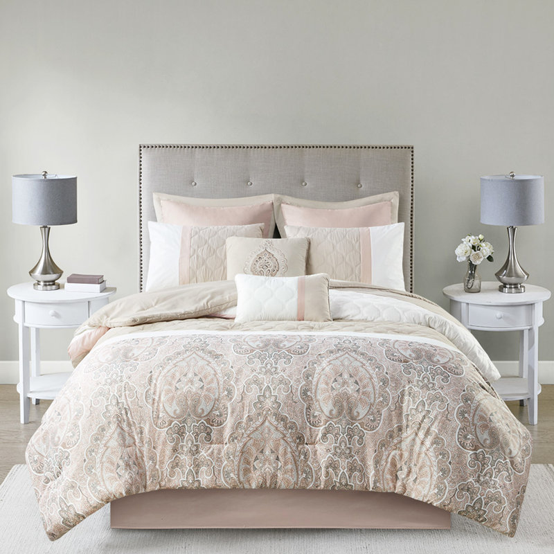 Édredon pour très grand lit 8 pièces - rosé et taupe, rembourrage, taies décoratives, coussins de broderie, édredon lavable à la machine, brodé européen