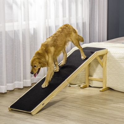 Dog Ramp for Bed, 74" x 16" x 25", Natural Pine Wood, 1pc, Pet Ramp with Non-Slip Carpet and Platform