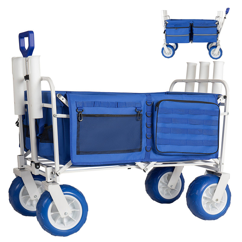 Chariot de plage pliable robuste de 500 lb avec porte-cannes, pneus tout-terrain et sacs isothermes pour la pêche, le camping et les aventures en plein air