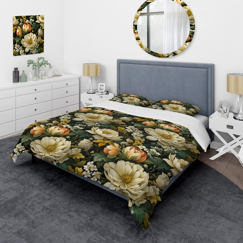 Literie Earthy Greens Chrysanthemum, Housse de couette pour grand lit et 2 taies décor