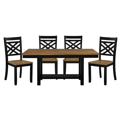 Table de salle à manger 5 pièces avec esthétique contemporaine, table 2 tons brun noir avec tablette ouverte et 4 sièges latéraux au design moderne, chaises pour réunions de famille
