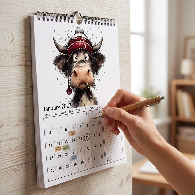 Calendrier mural surprise 2027 avec vache, style vintage, idéal pour décorer la maison ou le bureau.