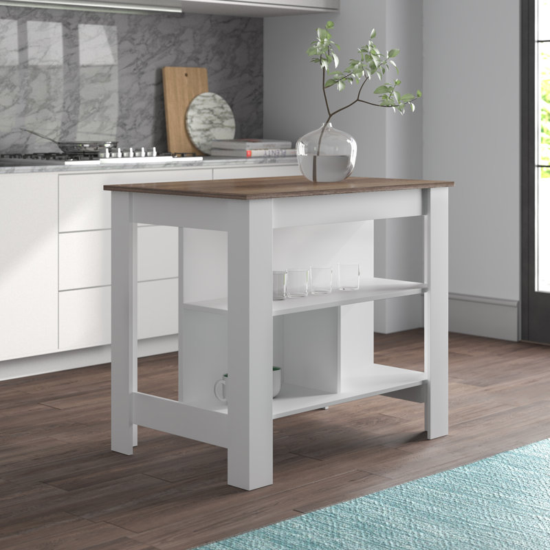 Îlot de cuisine avec table de préparation spacieuse, 3 tablettes de rangement ouvertes, 4 pieds robustes et poste de travail de préparation au repas pour une table d'îlot de cuisine moderne, fonctionnelle et organisée