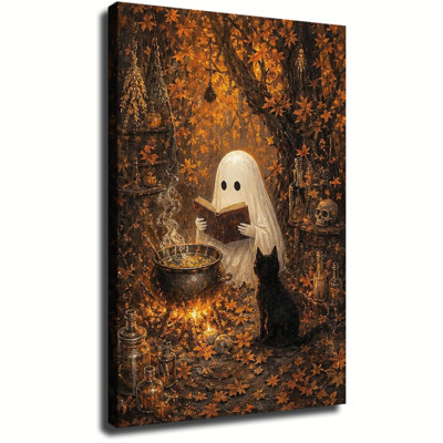 Fantôme lisant un grimoire près d'un chaudron dans une forêt d'érables en automne - Toile murale vintage pour l'Halloween