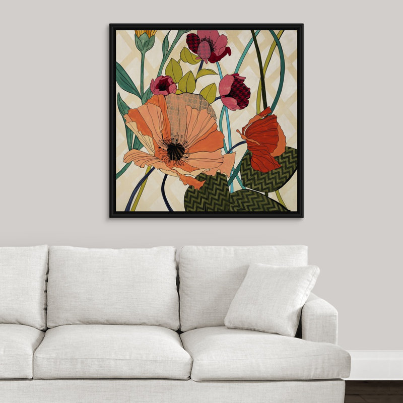 « floral patterns », peinture sur toile, H 13,7 po x l 13,7 po x p 1,75 po, Cadre flottant noir