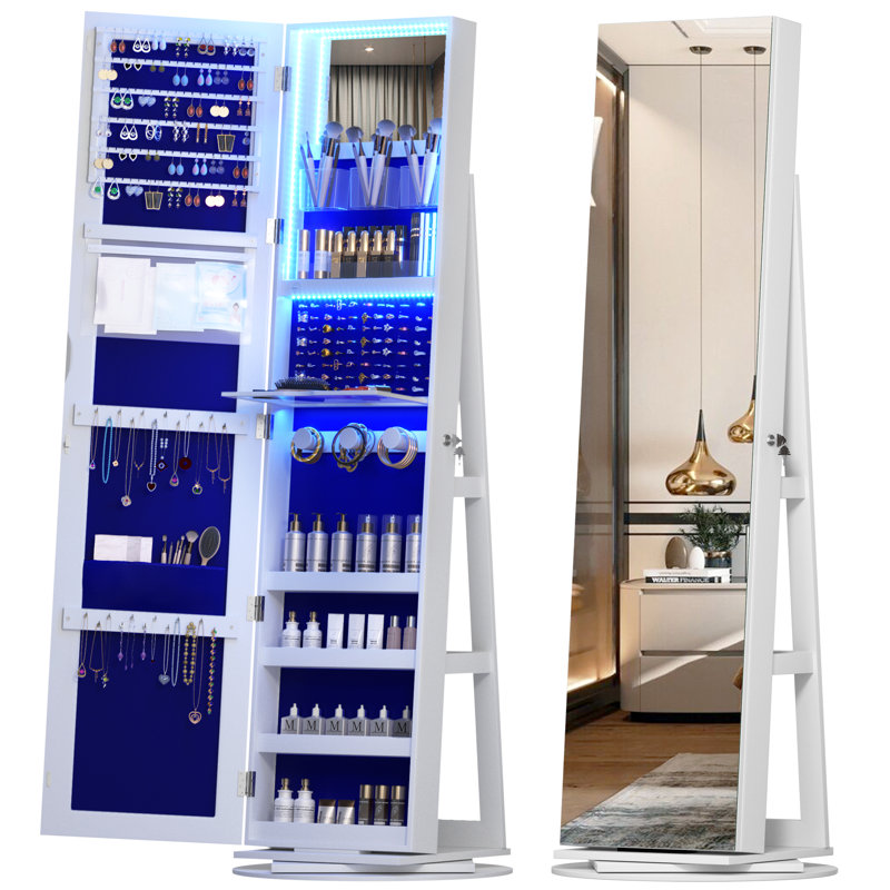Armoire à bijoux pivotante à 360 ° avec miroir pleine longueur, Blanc / Bleu