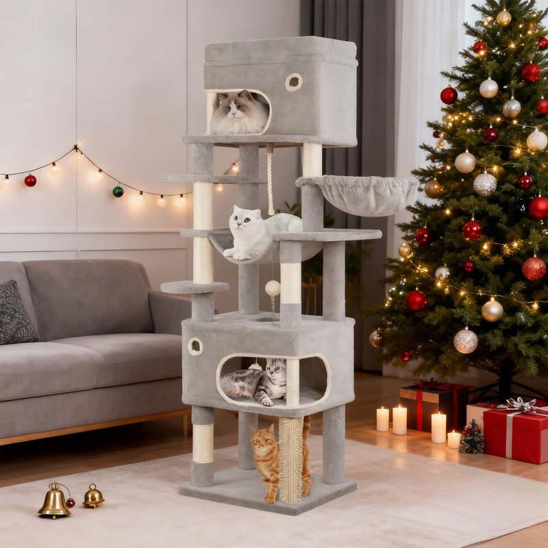Poteau à griffes pour chat, arbre à chat 70,1 po multicouche avec grande plateforme, 2 grottes, 7 poteaux en sisal, pompons, panier à chat, hamac, gris clair