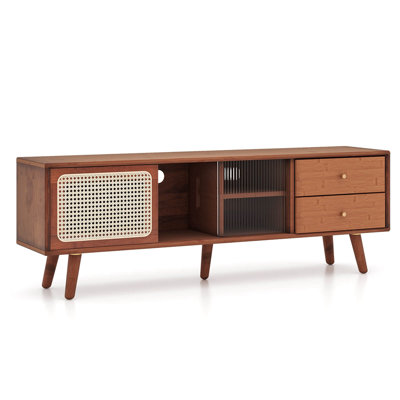 George Oliver Bamboo Tv Stand Console Table With Pe Rattan Door & 2 Drawers For Tv Up To 65" Brown