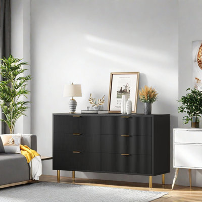 Modern 6 Drawer Dresser For Bedroom With Gold Handle