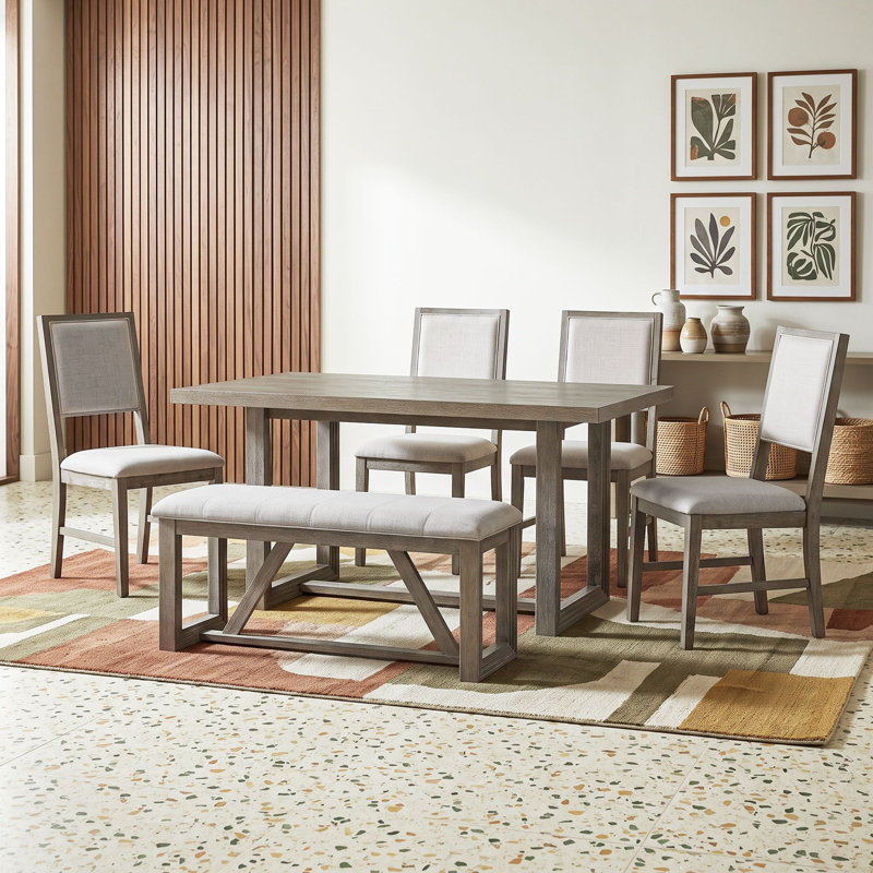 Ensemble de table de salle à manger 6 pièces pour 6 personnes avec table à tréteaux, 4 chaises rembourrées et banc pour la cuisine