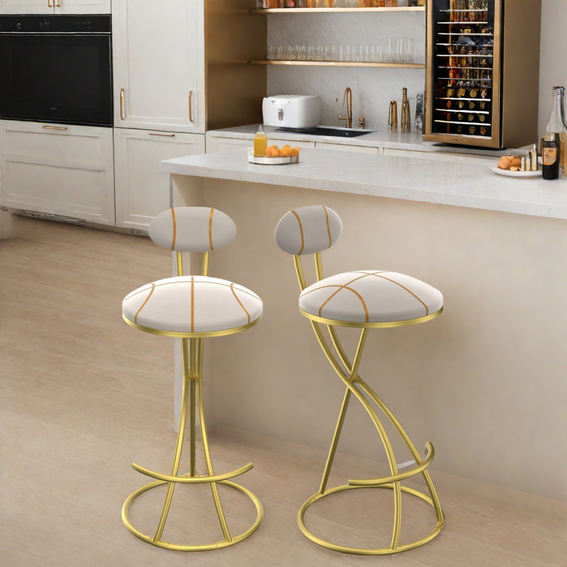 Ensemble de 2 tabourets de bar ronds modernes avec dossier en velours et structure en métal, Doré
