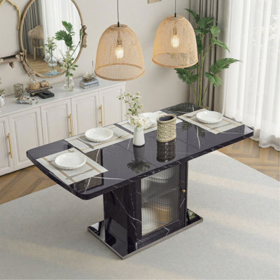 Table de salle à manger rectangulaire moderne de 47,24 à 63 po, extensible, avec plateau en marbre noir imprimé et pieds de table de rangement avec base en métal