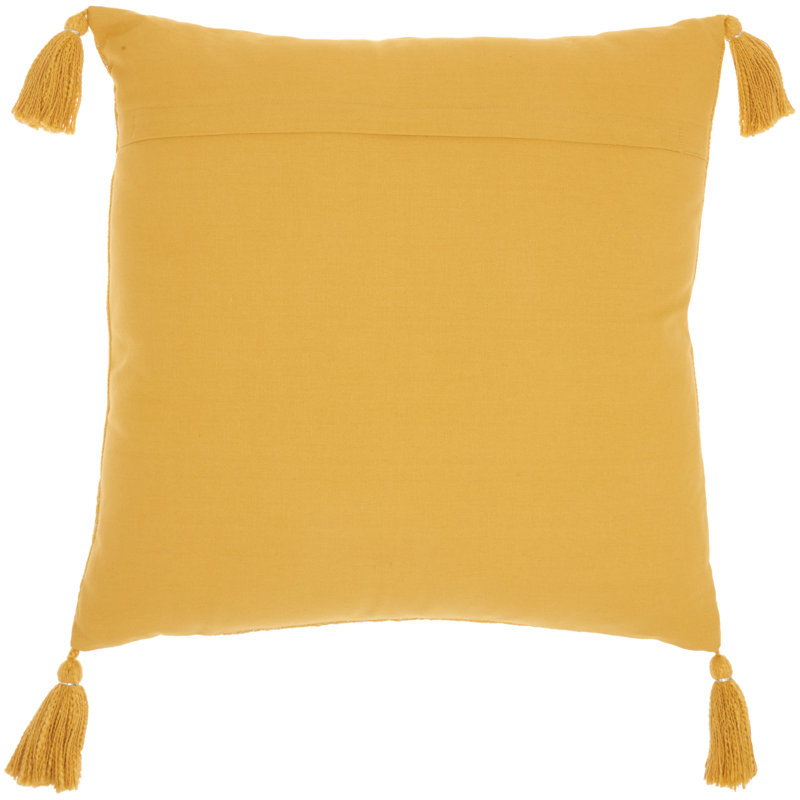 Golden Yellow Embroidered Cotton Throw Pillow with Tassels, 20x20