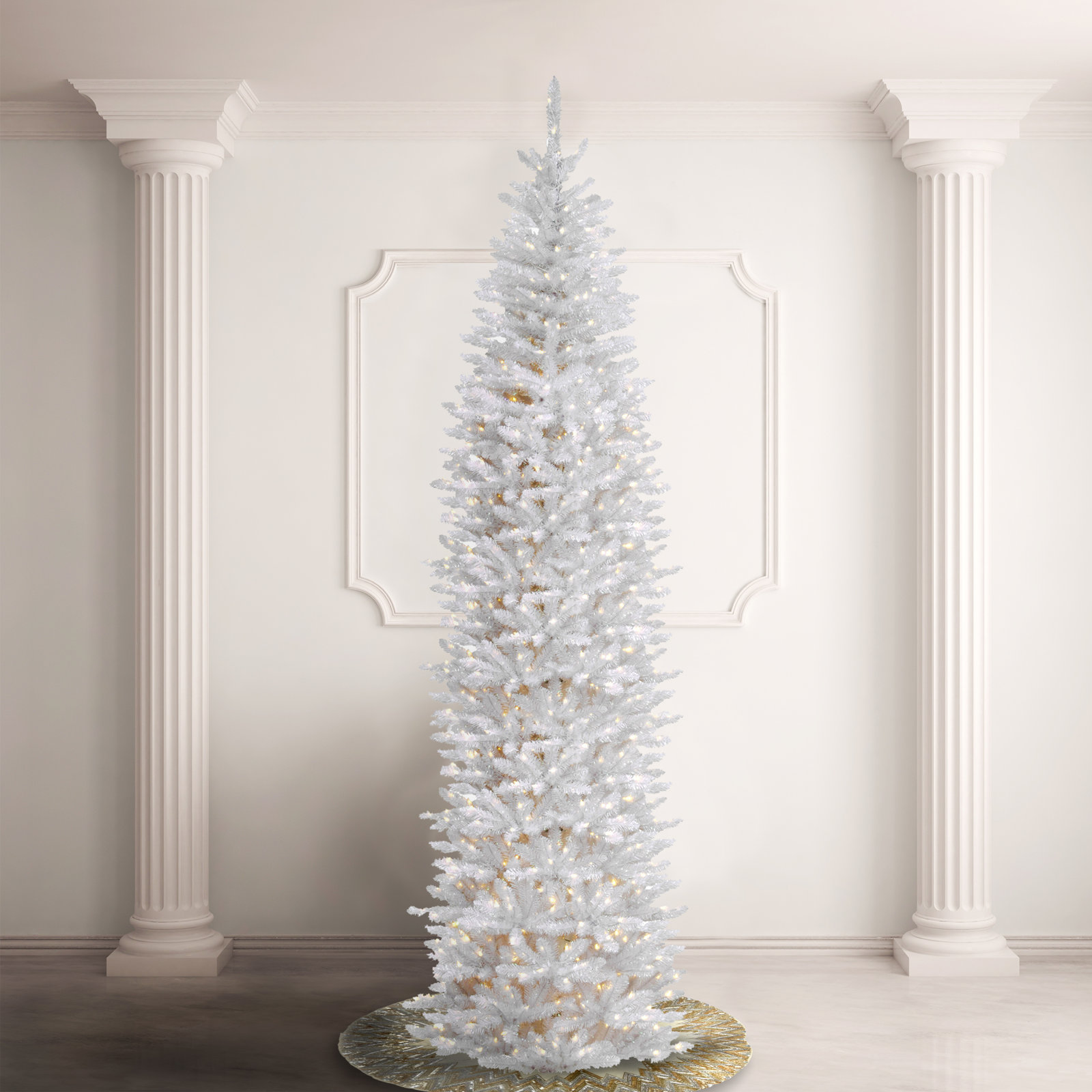 The Holiday Aisle® Kingswood Fir White Pencil Tree with Clear Lights, 12'