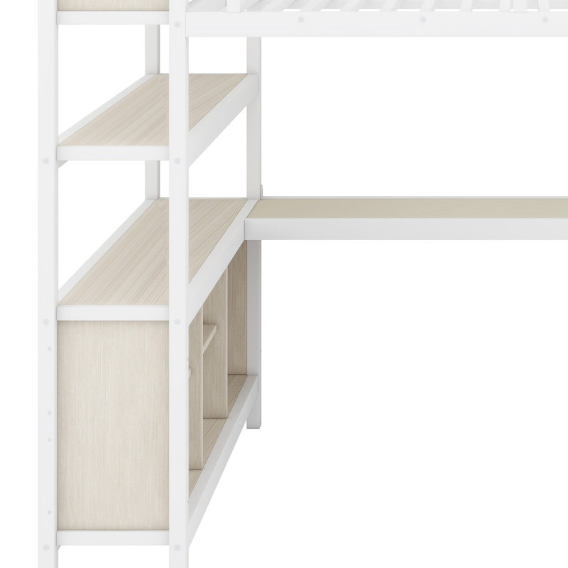 Lit mezzanine robuste avec aménagement multifonctionnel - comprend une armoire, un bureau et des tablettes ouvertes