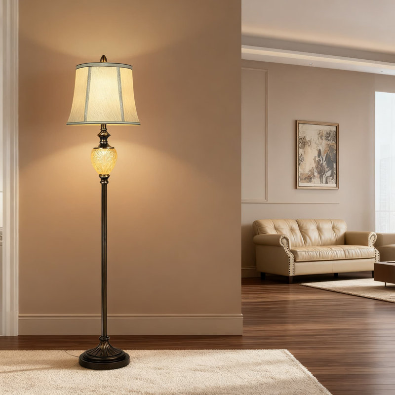Vintage Farmhouse Floor Lamp With Built-In Nightlight, 64-Inch Tall Standing Lamp With Beige Faux Silk Shade And Rotary Switch For Living Room, Bedroom, Office
