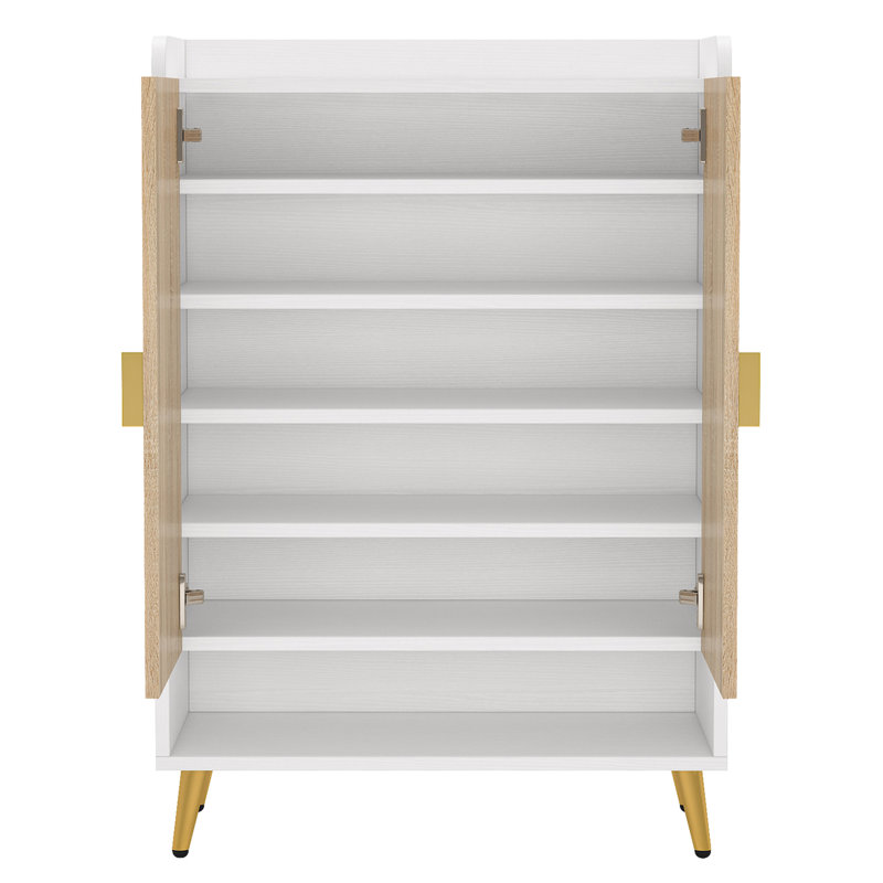 29.6” White & Natural Wooden Shoe Cabinet With Doors, 7-Tier Shoe Storage Organizer, White/Natural