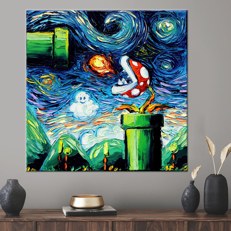«Van Gogh Starry Night», impression sur toile moderne sur le thème du monde mario, Toile tendue, H 12 po x l 12 po
