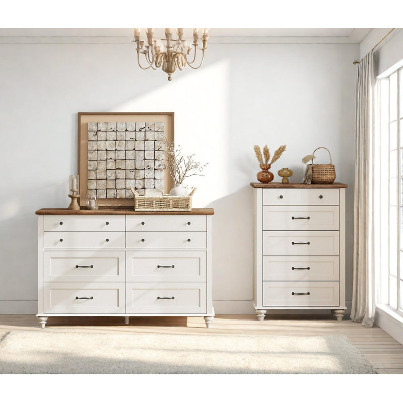 2 Piece Dresser Set - -Include One 5 Drawer Dresser & One 8 Drawer Dresser, Off White