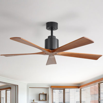 Ventilateur de plafond moderne à 5 pales de 52 po en bois massif sans lumière, intérieur / extérieur, télécommande, noir et brun, encastré