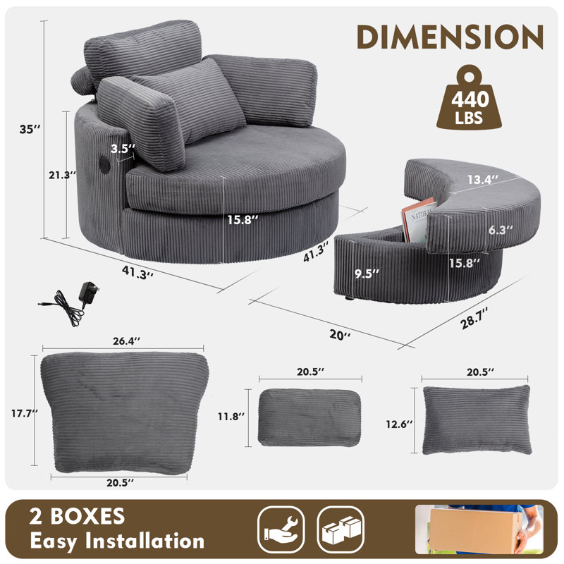 Swivel Accent Chair, Swivel Chair With Ottoman, Oversized Barrel Chair With Usb Charging Port, Round Chaise Lounge Indoor With 4 Pillow, Reading Chair For Living Room (Corduroy)