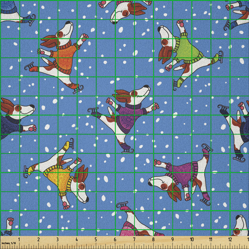 Baber Ice Skater Dancing Dogs in Colorful Sweaters Snowy Christmas Noel Weather Winter Time Fabric